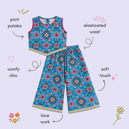 The Magic Wand Woven Sleeveless Ethnic Motif Printed Lace Detail Top And Palazzo Set -  Blue
