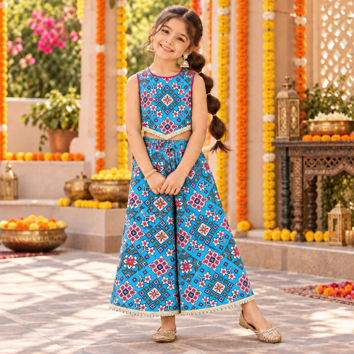 The Magic Wand Woven Sleeveless Ethnic Motif Printed Lace Detail Top And Palazzo Set -  Blue