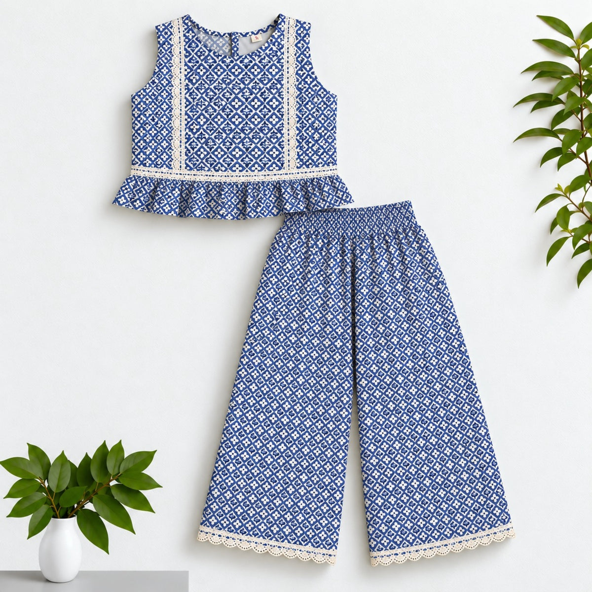 The Magic Wand Woven Sleeveless Printed Lace Detail Coordinating Top And Palazzo Set - Blue