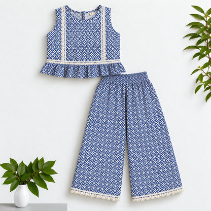 The Magic Wand Woven Sleeveless Printed Lace Detail Coordinating Top And Palazzo Set - Blue