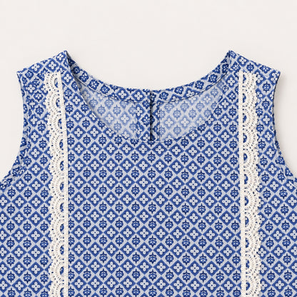 The Magic Wand Woven Sleeveless Printed Lace Detail Coordinating Top And Palazzo Set - Blue