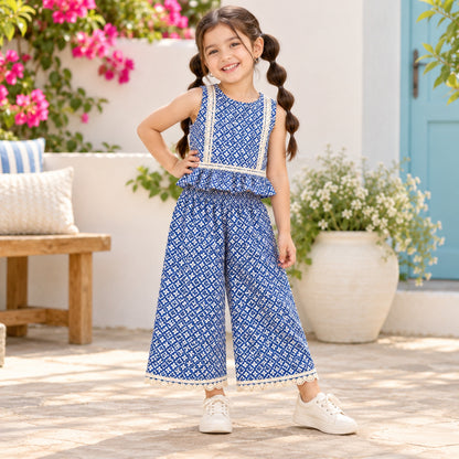 The Magic Wand Woven Sleeveless Printed Lace Detail Coordinating Top And Palazzo Set - Blue