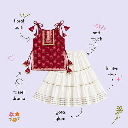 The Magic Wand Cotton Woven Cambric Floral Printed Laced And Tassel Detail Shoulder Tie-Up Kurti And Rayon Skirt Set - Magenta