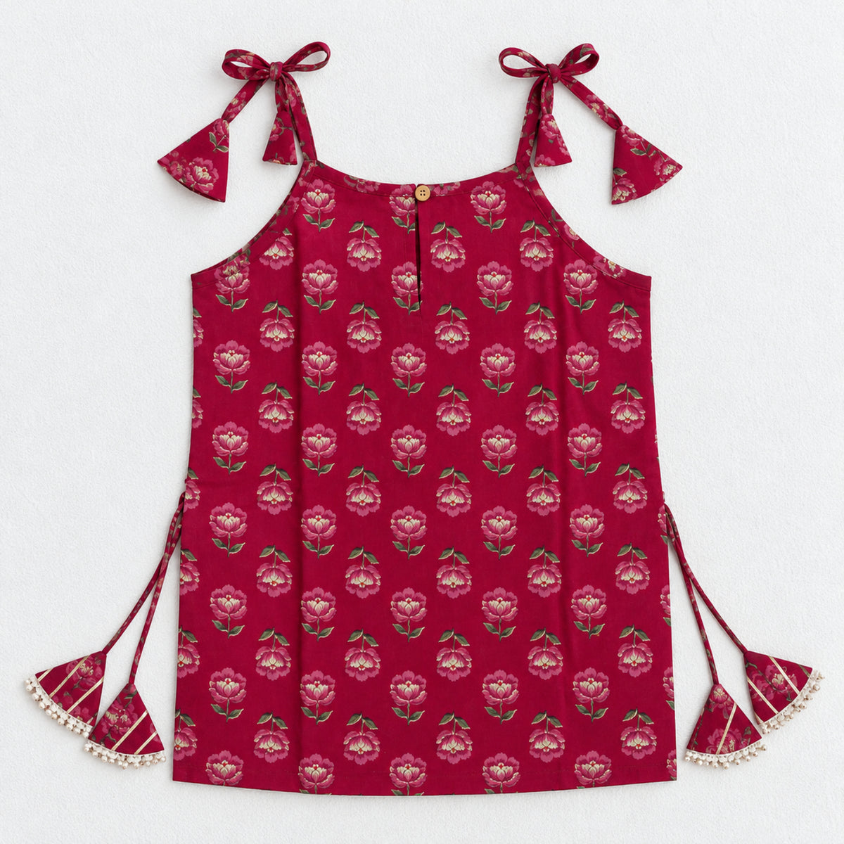 The Magic Wand Cotton Woven Cambric Floral Printed Laced And Tassel Detail Shoulder Tie-Up Kurti And Rayon Skirt Set - Magenta