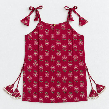 The Magic Wand Cotton Woven Cambric Floral Printed Laced And Tassel Detail Shoulder Tie-Up Kurti And Rayon Skirt Set - Magenta
