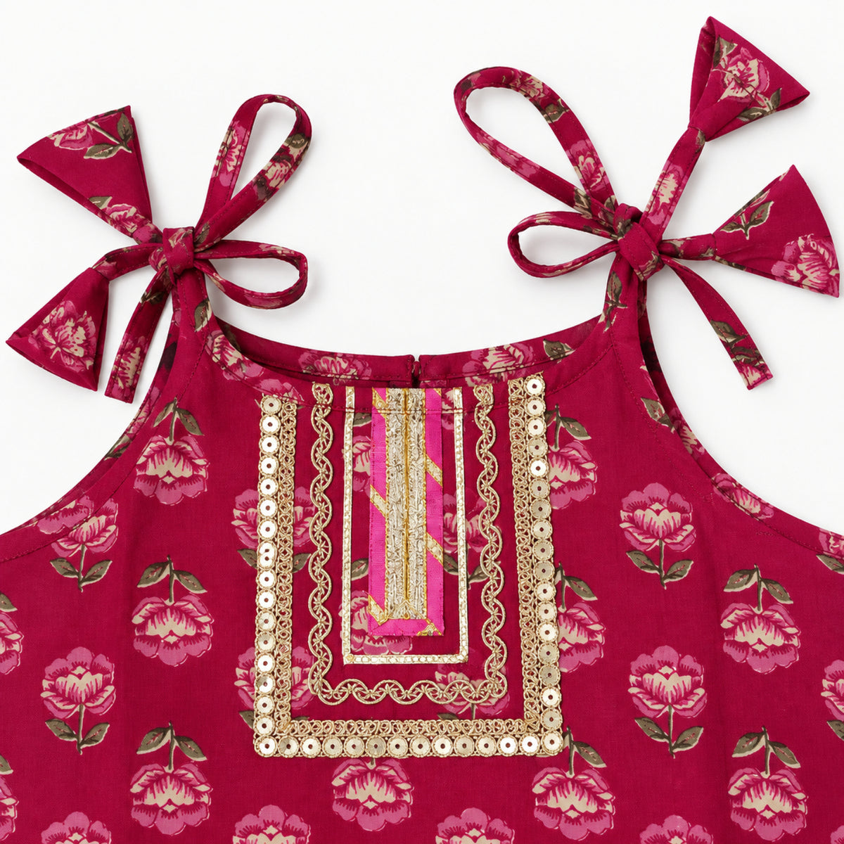 The Magic Wand Cotton Woven Cambric Floral Printed Laced And Tassel Detail Shoulder Tie-Up Kurti And Rayon Skirt Set - Magenta