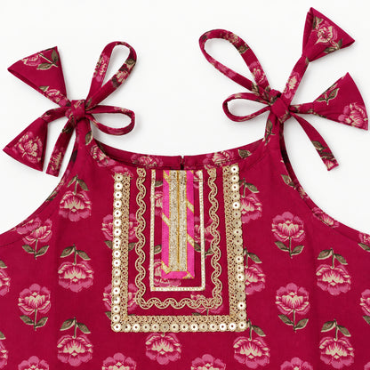 The Magic Wand Cotton Woven Cambric Floral Printed Laced And Tassel Detail Shoulder Tie-Up Kurti And Rayon Skirt Set - Magenta
