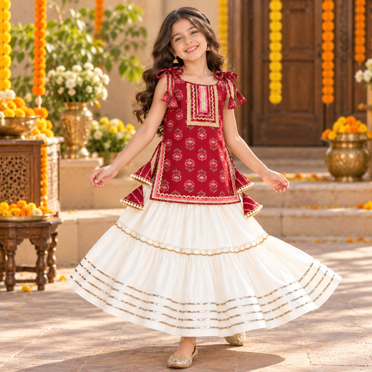 The Magic Wand Cotton Woven Cambric Floral Printed Laced And Tassel Detail Shoulder Tie-Up Kurti And Rayon Skirt Set - Magenta