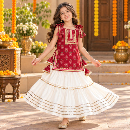 The Magic Wand Cotton Woven Cambric Floral Printed Laced And Tassel Detail Shoulder Tie-Up Kurti And Rayon Skirt Set - Magenta