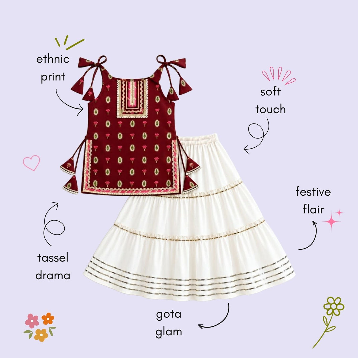 The Magic Wand Cotton Woven Cambric Floral Printed Laced And Tassel Detail Shoulder Tie-Up Kurti And Rayon Skirt Set - Maroon
