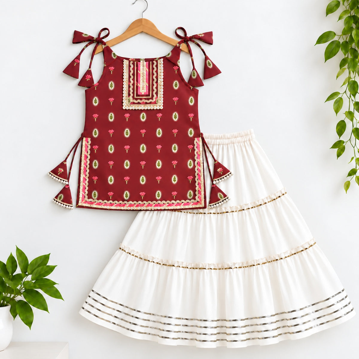 The Magic Wand Cotton Woven Cambric Floral Printed Laced And Tassel Detail Shoulder Tie-Up Kurti And Rayon Skirt Set - Maroon