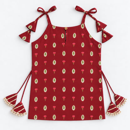 The Magic Wand Cotton Woven Cambric Floral Printed Laced And Tassel Detail Shoulder Tie-Up Kurti And Rayon Skirt Set - Maroon