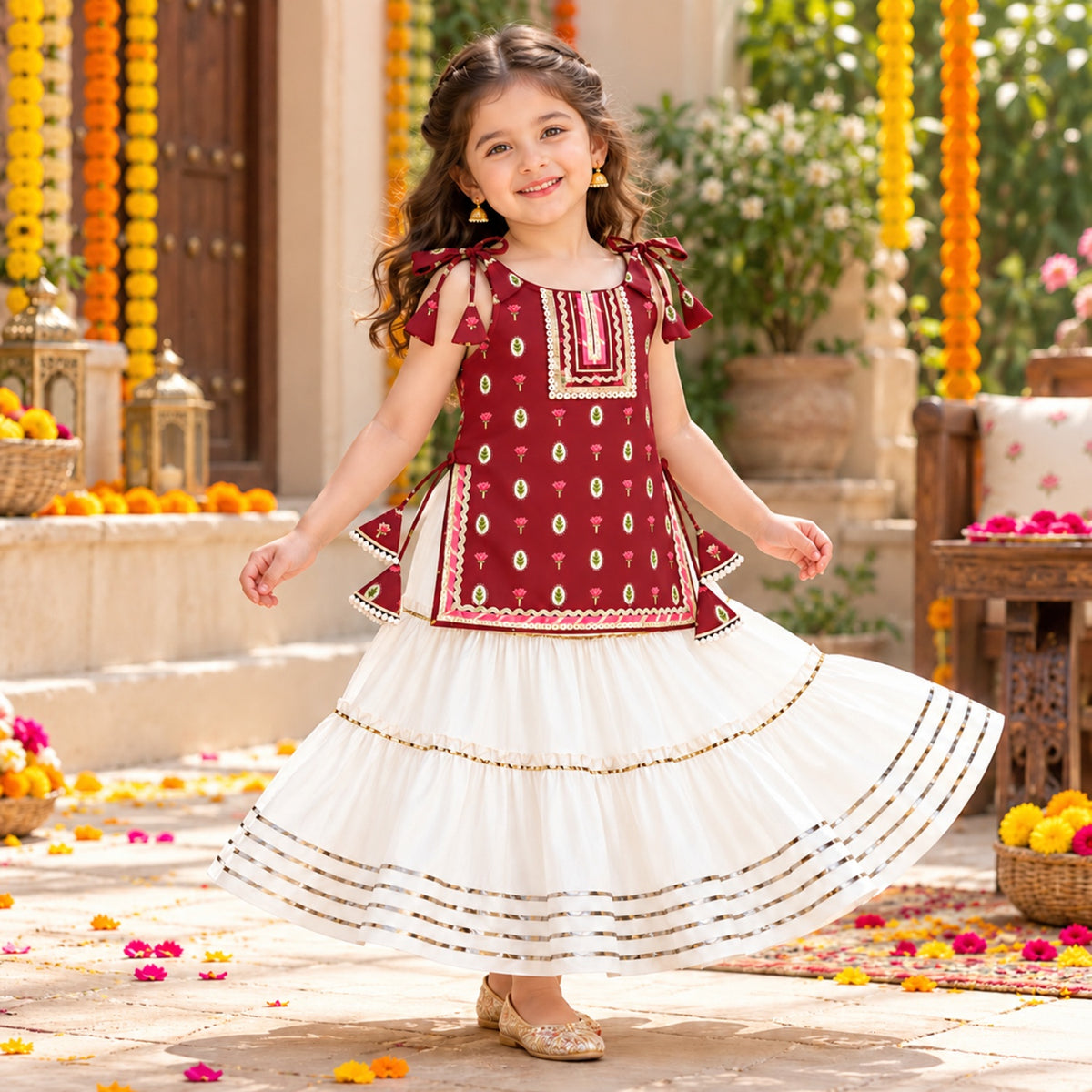 The Magic Wand Cotton Woven Cambric Floral Printed Laced And Tassel Detail Shoulder Tie-Up Kurti And Rayon Skirt Set - Maroon