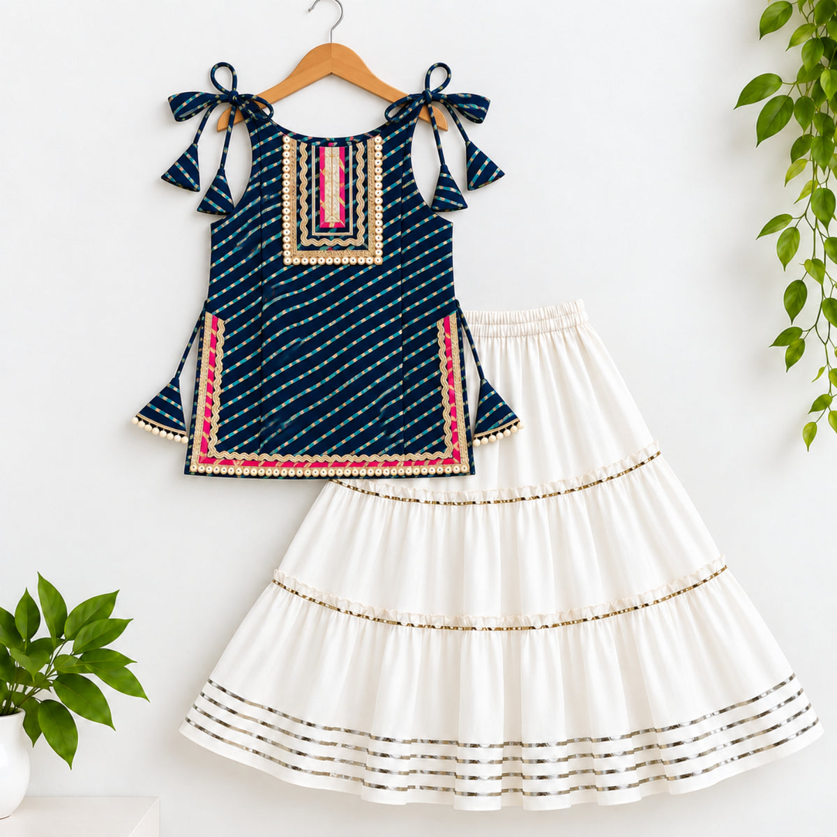 The Magic Wand Cotton Woven Cambric Leheriya Printed Laced And Tassel Detail Shoulder Tie-Up Kurti And Rayon Skirt Set - Navy Blue