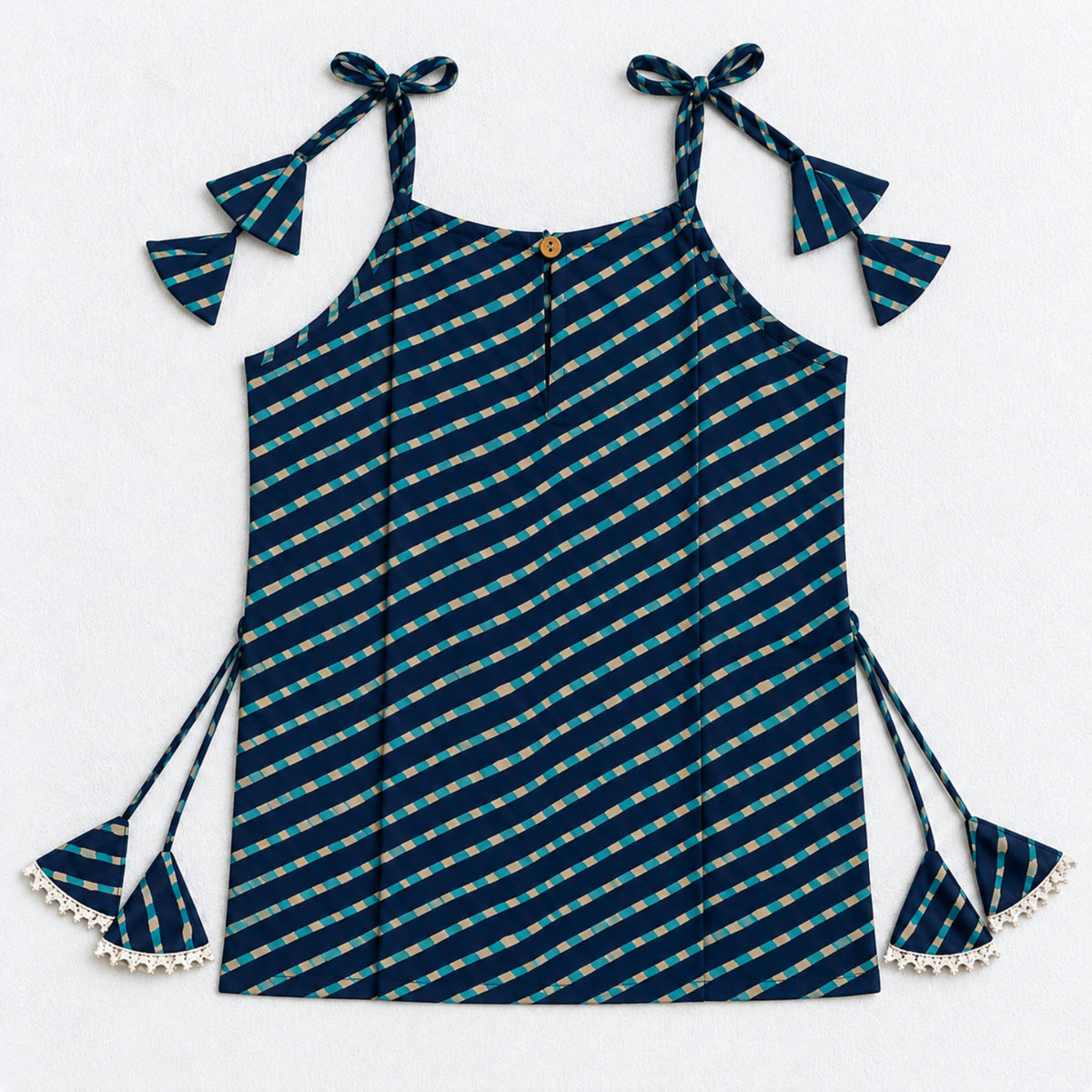 The Magic Wand Cotton Woven Cambric Leheriya Printed Laced And Tassel Detail Shoulder Tie-Up Kurti And Rayon Skirt Set - Navy Blue