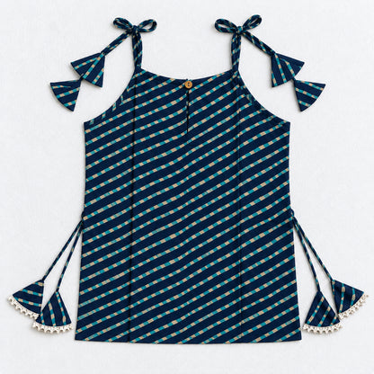 The Magic Wand Cotton Woven Cambric Leheriya Printed Laced And Tassel Detail Shoulder Tie-Up Kurti And Rayon Skirt Set - Navy Blue