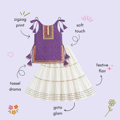 The Magic Wand Cotton Woven Cambric Zig Zag Printed Laced And Tassel Detail Shoulder Tie-Up Kurti And Rayon Skirt Set - Purple
