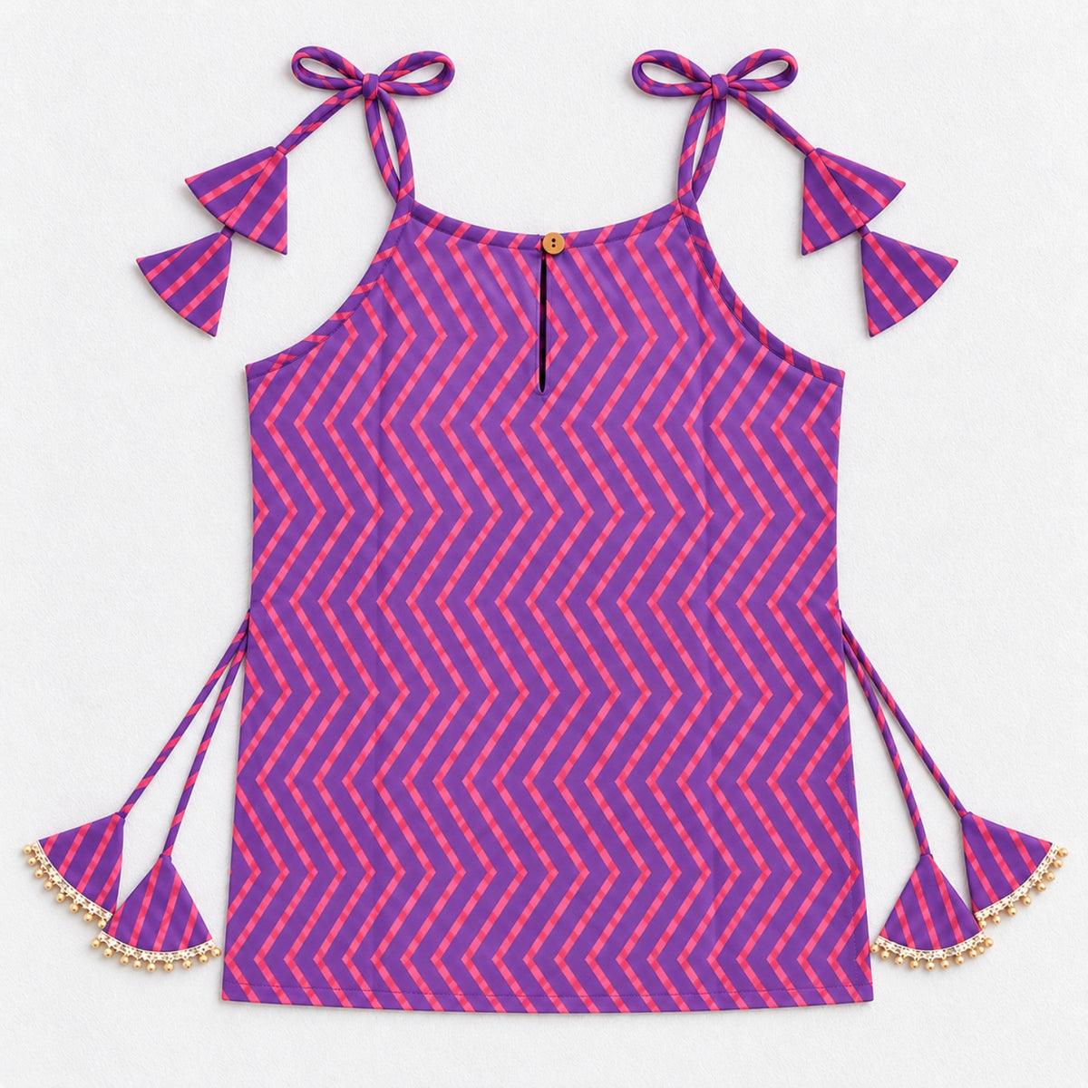 The Magic Wand Cotton Woven Cambric Zig Zag Printed Laced And Tassel Detail Shoulder Tie-Up Kurti And Rayon Skirt Set - Purple