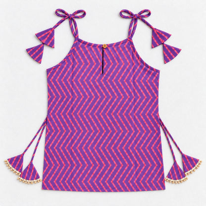 The Magic Wand Cotton Woven Cambric Zig Zag Printed Laced And Tassel Detail Shoulder Tie-Up Kurti And Rayon Skirt Set - Purple