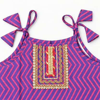The Magic Wand Cotton Woven Cambric Zig Zag Printed Laced And Tassel Detail Shoulder Tie-Up Kurti And Rayon Skirt Set - Purple