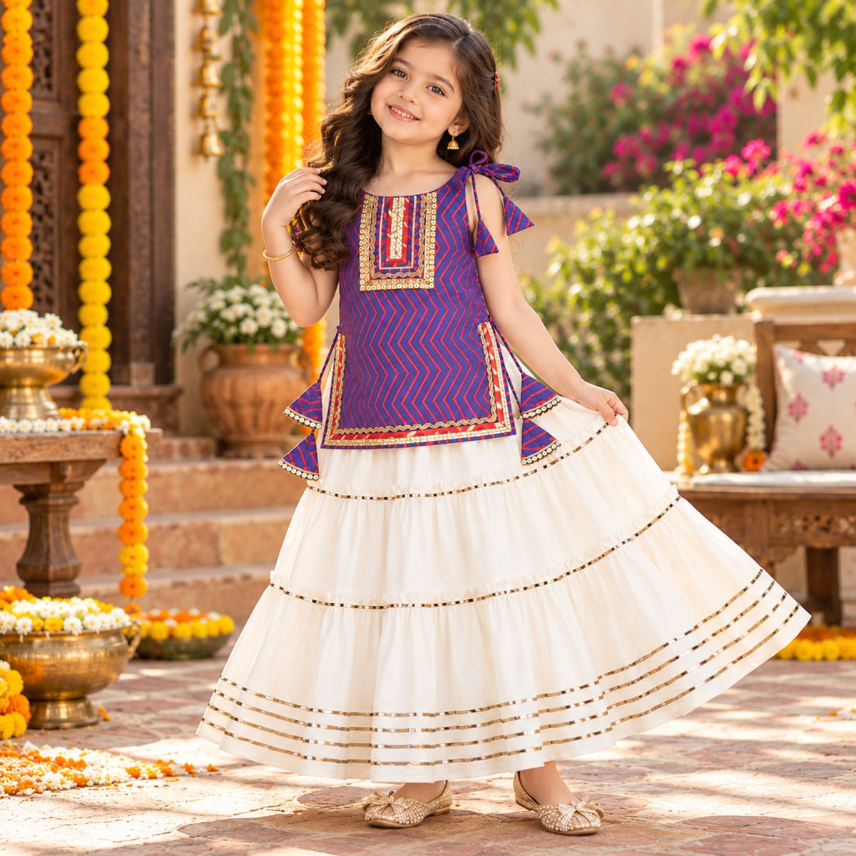 The Magic Wand Cotton Woven Cambric Zig Zag Printed Laced And Tassel Detail Shoulder Tie-Up Kurti And Rayon Skirt Set - Purple
