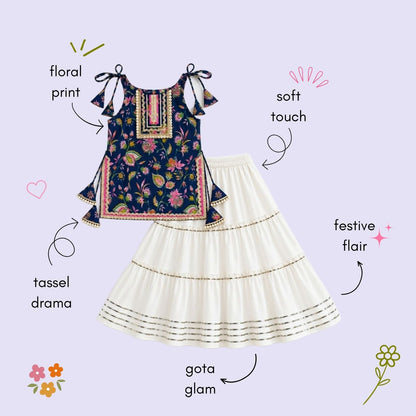 The Magic Wand Cotton Woven Cambric Floral Printed Laced And Tassel Detail Shoulder Tie-Up Kurti And Rayon Skirt Set - Navy Blue