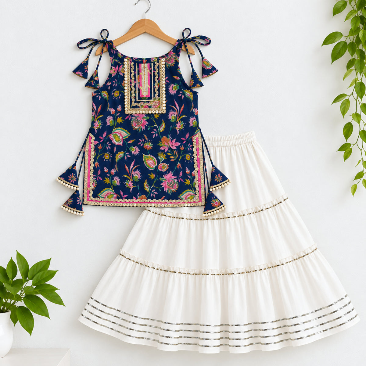 The Magic Wand Cotton Woven Cambric Floral Printed Laced And Tassel Detail Shoulder Tie-Up Kurti And Rayon Skirt Set - Navy Blue
