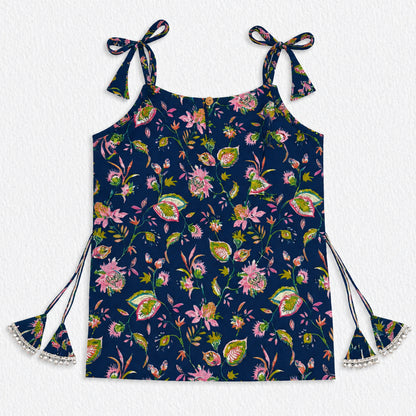 The Magic Wand Cotton Woven Cambric Floral Printed Laced And Tassel Detail Shoulder Tie-Up Kurti And Rayon Skirt Set - Navy Blue