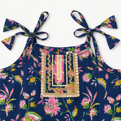 The Magic Wand Cotton Woven Cambric Floral Printed Laced And Tassel Detail Shoulder Tie-Up Kurti And Rayon Skirt Set - Navy Blue