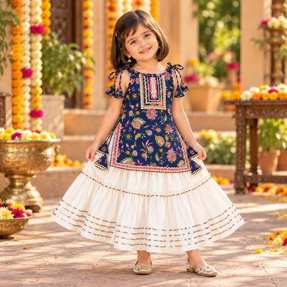 The Magic Wand Cotton Woven Cambric Floral Printed Laced And Tassel Detail Shoulder Tie-Up Kurti And Rayon Skirt Set - Navy Blue
