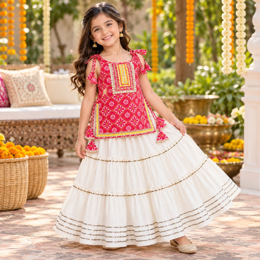 The Magic Wand Cotton Woven Cambric Ethnic Floral Printed Laced And Tassel Detail Shoulder Tie-Up Kurti And Rayon Skirt Set - Pink