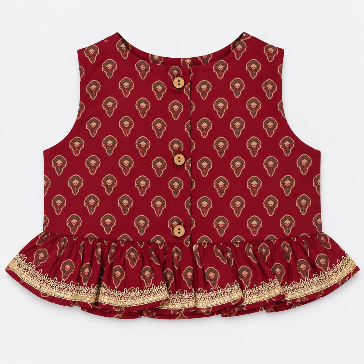 The Magic Wand Cotton Woven Cambric Sleeveless Floral Printed Tassel Detail Choli And Lehenga Set With Dupatta - Maroon