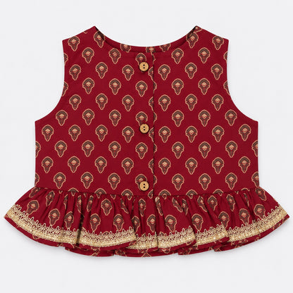 The Magic Wand Cotton Woven Cambric Sleeveless Floral Printed Tassel Detail Choli And Lehenga Set With Dupatta - Maroon