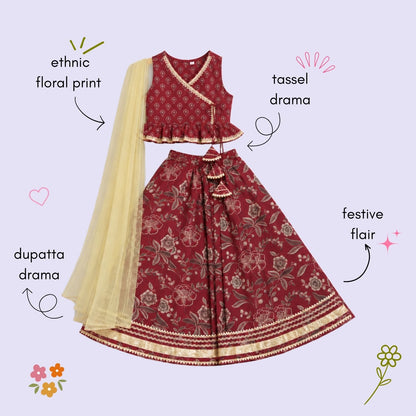 The Magic Wand Cotton Woven Cambric Sleeveless Floral Printed Tassel Detail Choli And Lehenga Set With Dupatta - Maroon