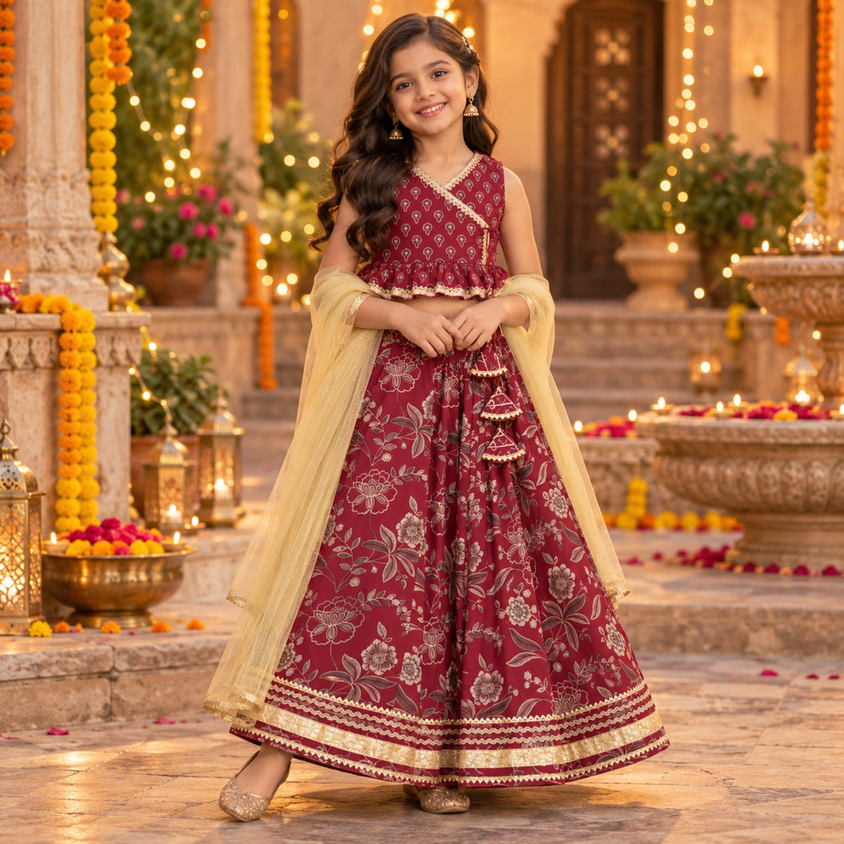 The Magic Wand Cotton Woven Cambric Sleeveless Floral Printed Tassel Detail Choli And Lehenga Set With Dupatta - Maroon