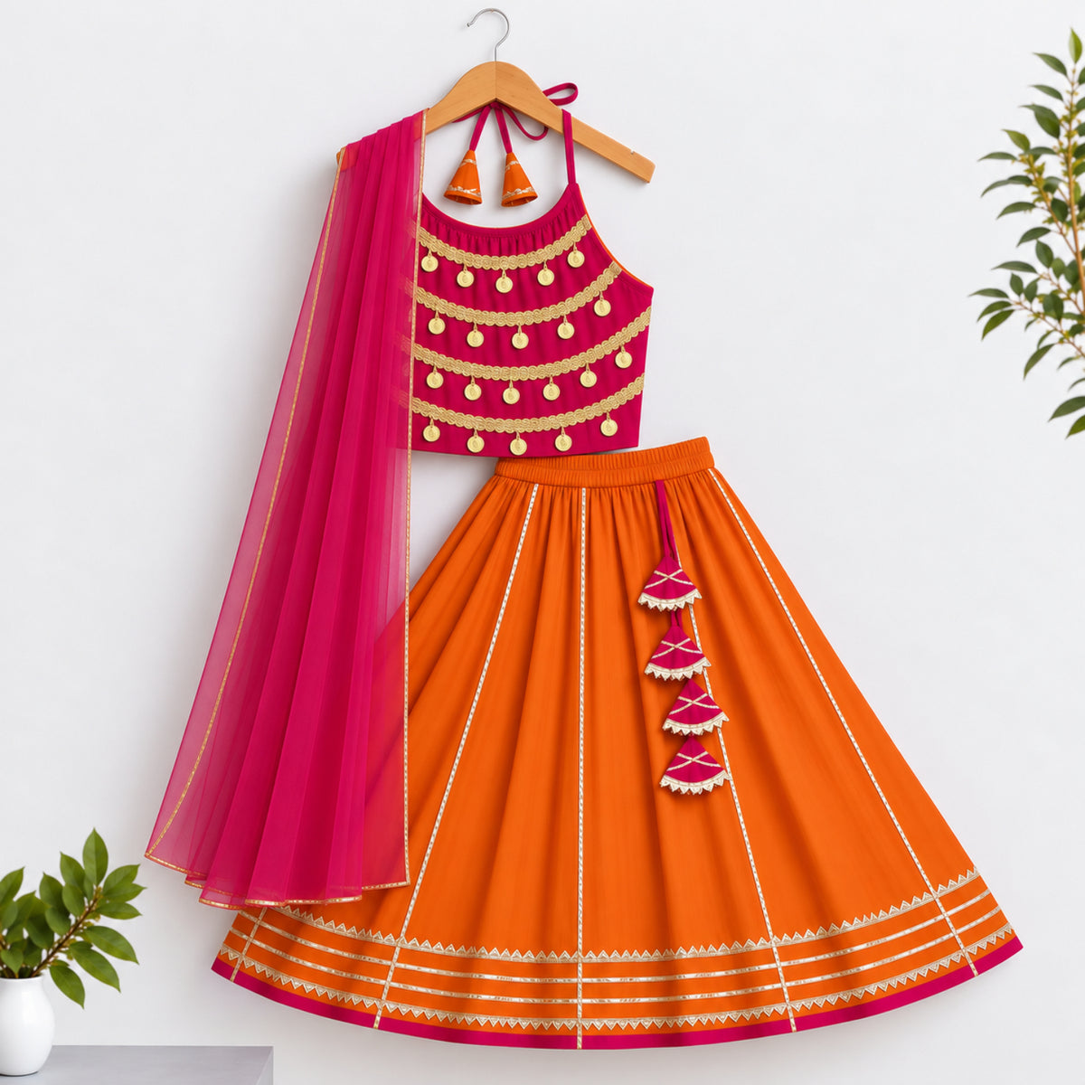 The Magic Wand Woven Coin Laced Halter Neck Choli And Lehenga Set With Dupatta - Fuchsia