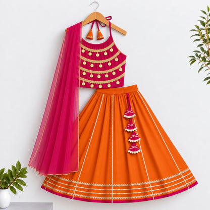 The Magic Wand Woven Coin Laced Halter Neck Choli And Lehenga Set With Dupatta - Fuchsia