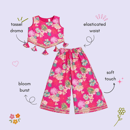 The Magic Wand Woven Sleeveless Floral Printed Tassel Detail Asymmetric Top And Top Set -  Fuchsia