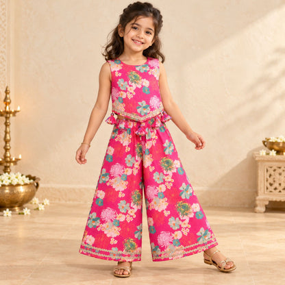 The Magic Wand Woven Sleeveless Floral Printed Tassel Detail Asymmetric Top And Top Set -  Fuchsia