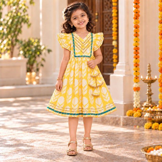 The Magic Wand Cotton Woven Cambric Ruffle Sleeves Floral Printed Tassel Detail Laced Ethnic Dress - Yellow