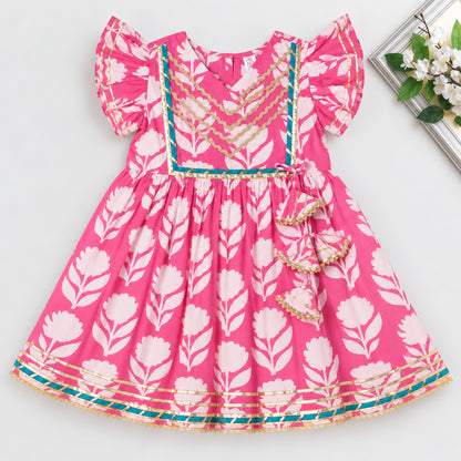 The Magic Wand Cotton Woven Cambric Ruffle Sleeves Floral Printed Tassel Detail Laced Ethnic Dress - Pink