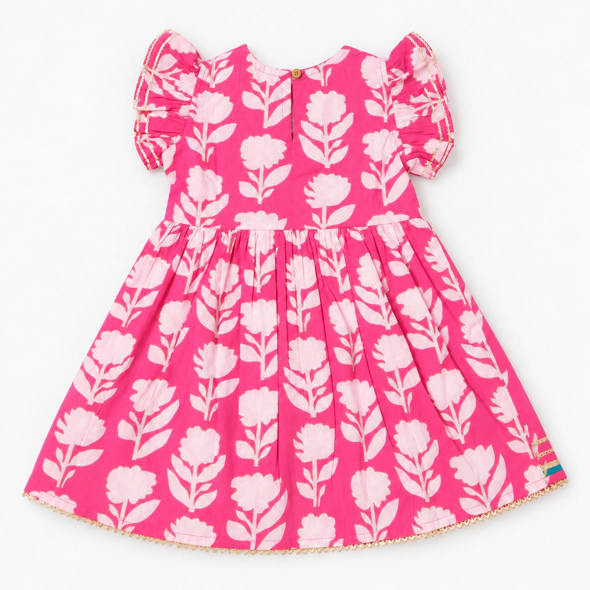 The Magic Wand Cotton Woven Cambric Ruffle Sleeves Floral Printed Tassel Detail Laced Ethnic Dress - Pink