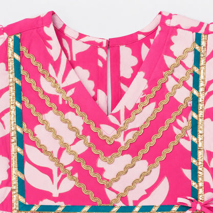 The Magic Wand Cotton Woven Cambric Ruffle Sleeves Floral Printed Tassel Detail Laced Ethnic Dress - Pink