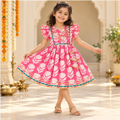 The Magic Wand Cotton Woven Cambric Ruffle Sleeves Floral Printed Tassel Detail Laced Ethnic Dress - Pink