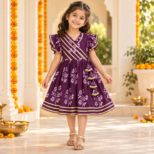 The Magic Wand Cotton Woven Cambric Ruffle Sleeves Floral Printed Tassel Detailed Laced Ethnic Dress - Purple