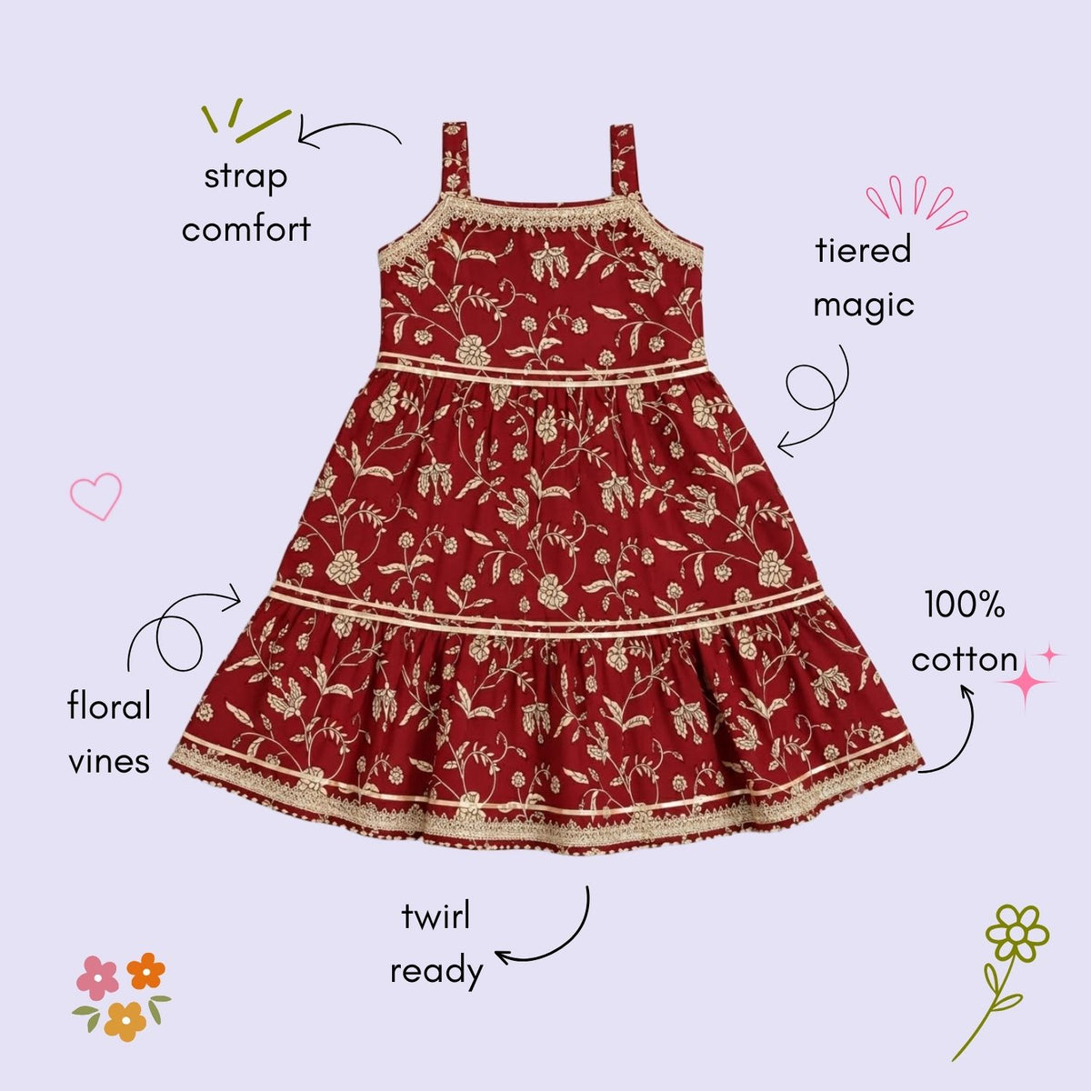 The Magic Wand Cotton Woven Cambric Sleeveless Floral Printed Laced Tiered Dress - Maroon