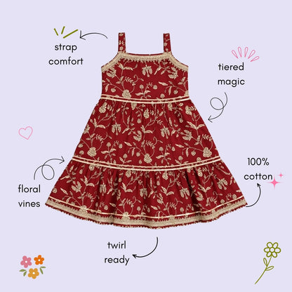 The Magic Wand Cotton Woven Cambric Sleeveless Floral Printed Laced Tiered Dress - Maroon