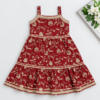 The Magic Wand Cotton Woven Cambric Sleeveless Floral Printed Laced Tiered Dress - Maroon