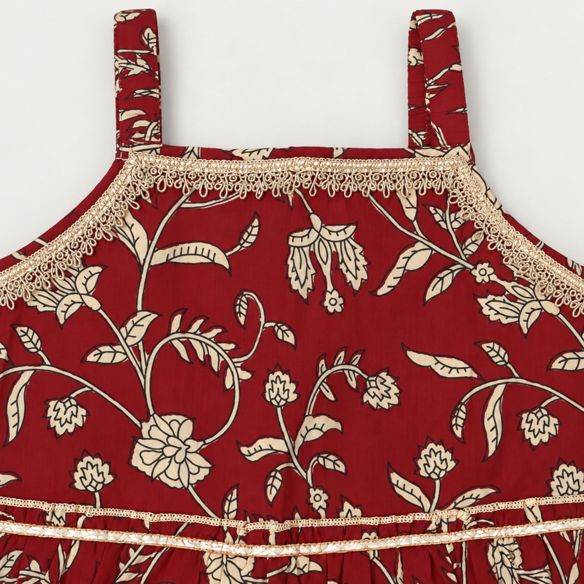 The Magic Wand Cotton Woven Cambric Sleeveless Floral Printed Laced Tiered Dress - Maroon