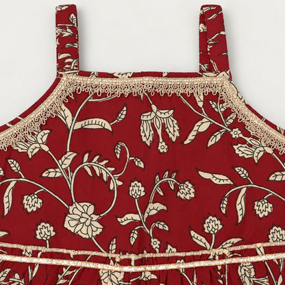 The Magic Wand Cotton Woven Cambric Sleeveless Floral Printed Laced Tiered Dress - Maroon